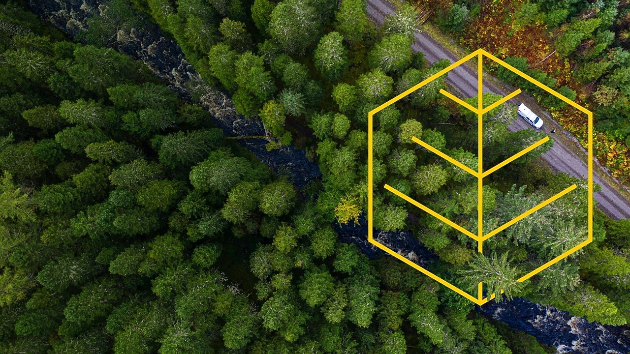 Arial of a river and a white truck on a road in a pine forest with an outline of the Respecting nature graph