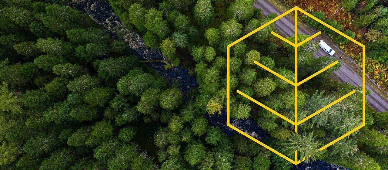 Arial of a river and a white truck on a road in a pine forest with an outline of the Respecting nature graph