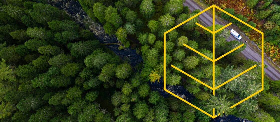 Arial of a river and a white truck on a road in a pine forest with an outline of the Respecting nature graph