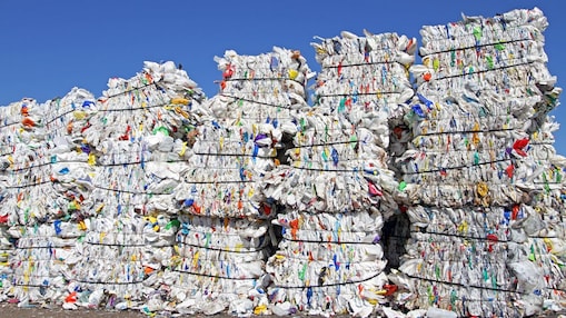 Stacks of plastic bags in a waste facility