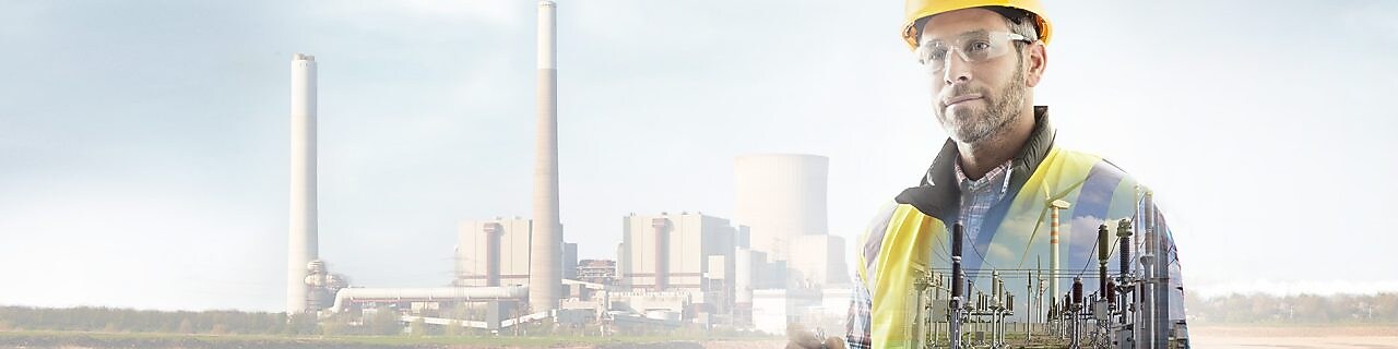 worker in a yellow hard hat transposed onto a background of a power plant