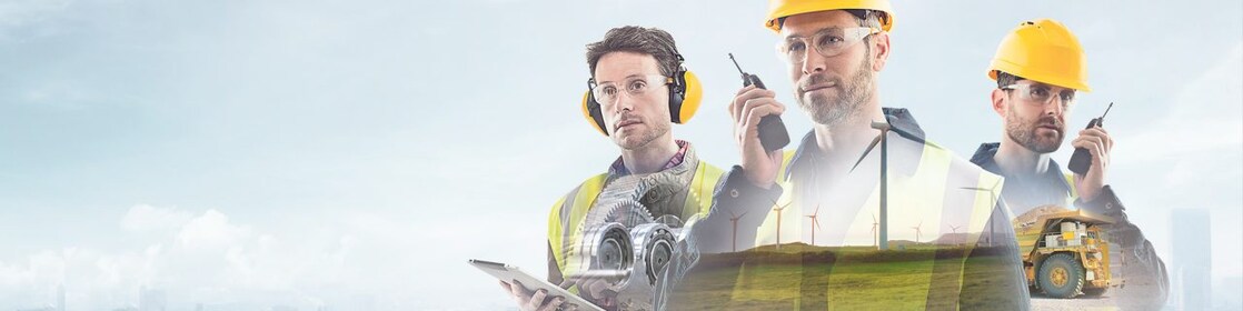 three workers on radios and reading documents, transposed over a background of blue sky with light clouds