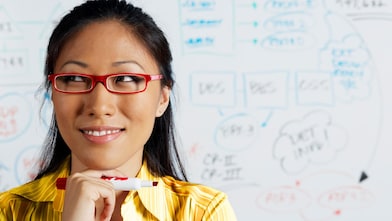 Close up of Asian businesswoman smiling in front of whiteboard