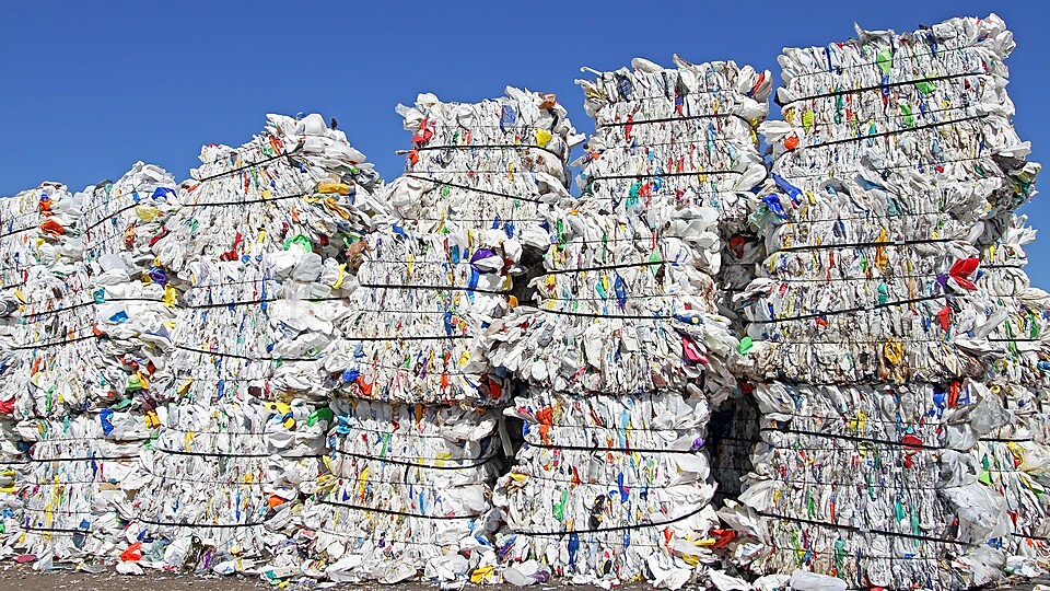 Stacks of plastic bags in a waste facility