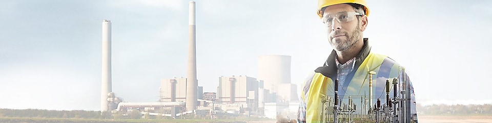 worker in a yellow hard hat transposed onto a background of a power plant