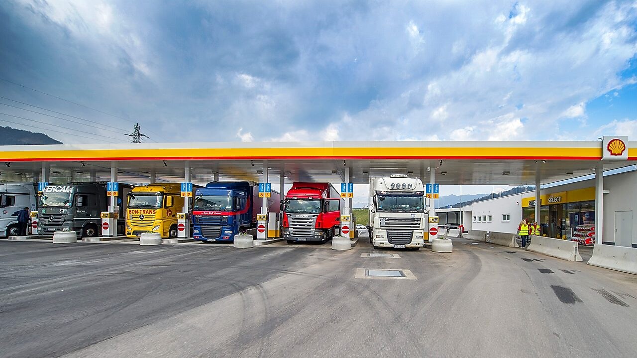 Buses standing at Shell Station
