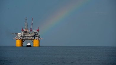 Mars B Platform in the Gulf of Mexico with a rainbow overhead